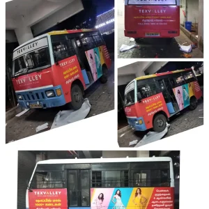 Texvalley Fashion Bus Branding with Model Graphics and Contact Info