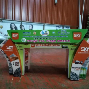 Exhibition entrance arch banner for Erode Build Expo 2019 featuring SKY Sri Ramakrishna branding and construction product ads