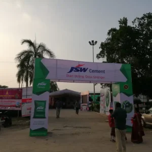 Flex-printed exhibition entrance arch for cement product promotion at construction trade event
