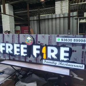 Illuminated 'Free Fire' Family Restaurant LED name board