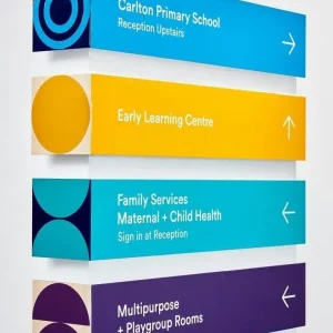 Wayfinding signage for Carlton Primary School, Early Learning Centre, Family Services, and Multipurpose Rooms