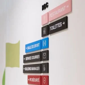 Wayfinding signage for restaurant, gym, courier service, and security at RDC building