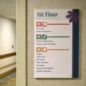 Wayfinding signage for cafeteria, human resources, oncology, and surgical elevators on 1st floor