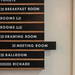 Wayfinding signage for meeting room, ballroom, breakfast room, and guest rooms