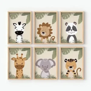 Set of six cartoon jungle animal wall art prints for nursery and kids room decor