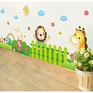 Cartoon animal wall sticker with lion, giraffe, and bunny for kids room interior decoration