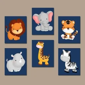 Set of six cartoon jungle animal wall art prints on navy blue background for kids room decor