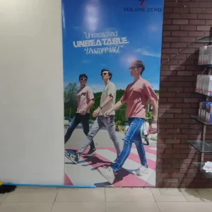 ready made indoor board with group fashion poster and brick wall backdrop