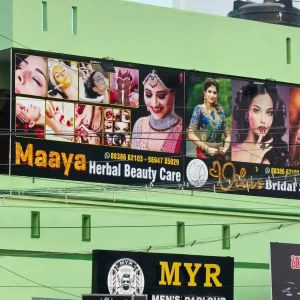 Maaya Herbal Beauty Care and Jeni's Bridal Studio Name Board in Tamil Nadu